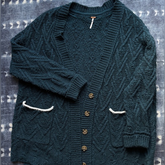 Free People Sweaters - Free People Dark Teal Montana Cable Knit Cardigan XL